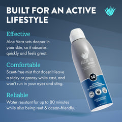 Aloe Up sport sunscreen spray in action enables fast, even coverage.