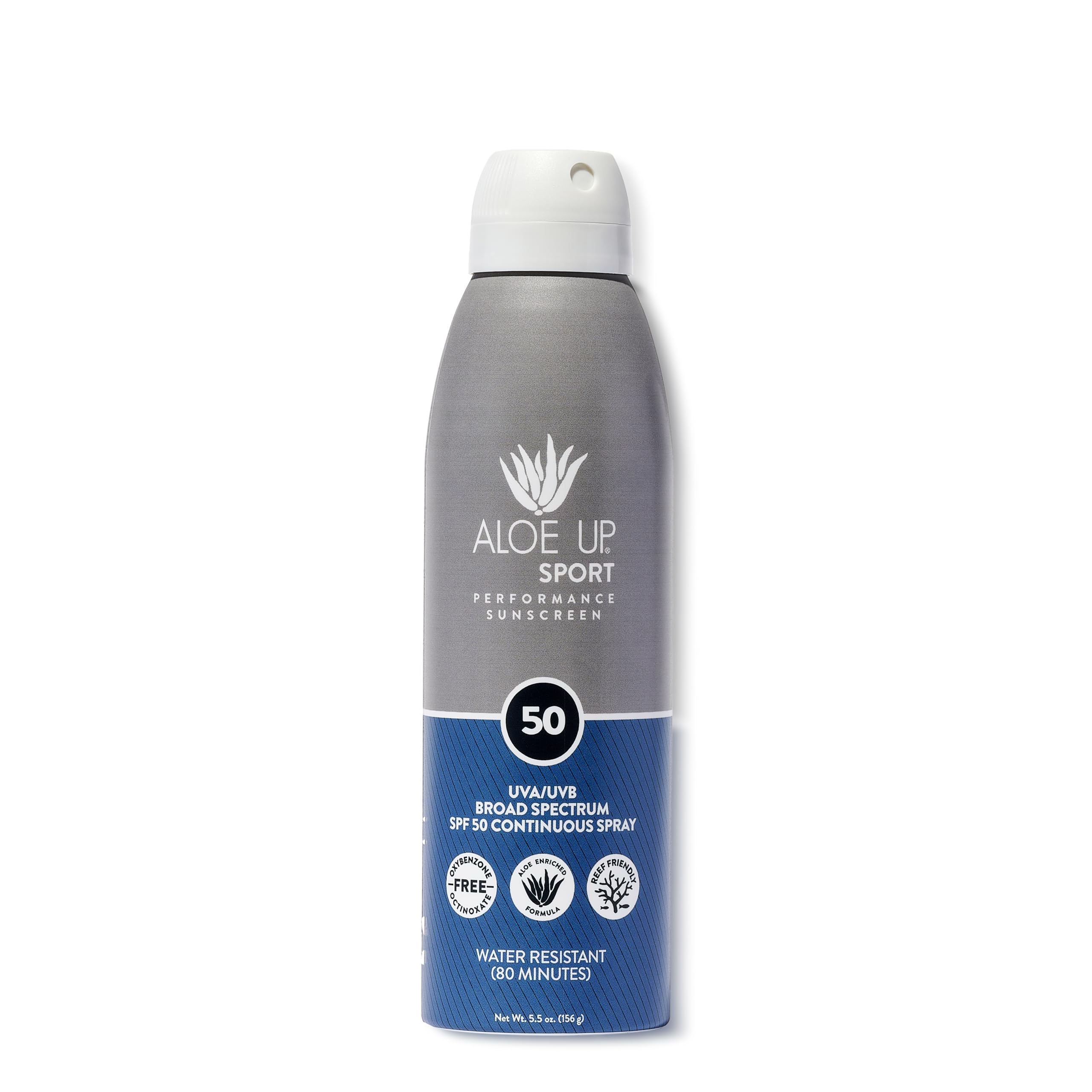 Aloe Up sport sunscreen spray bottle ready for quick outdoor protection.