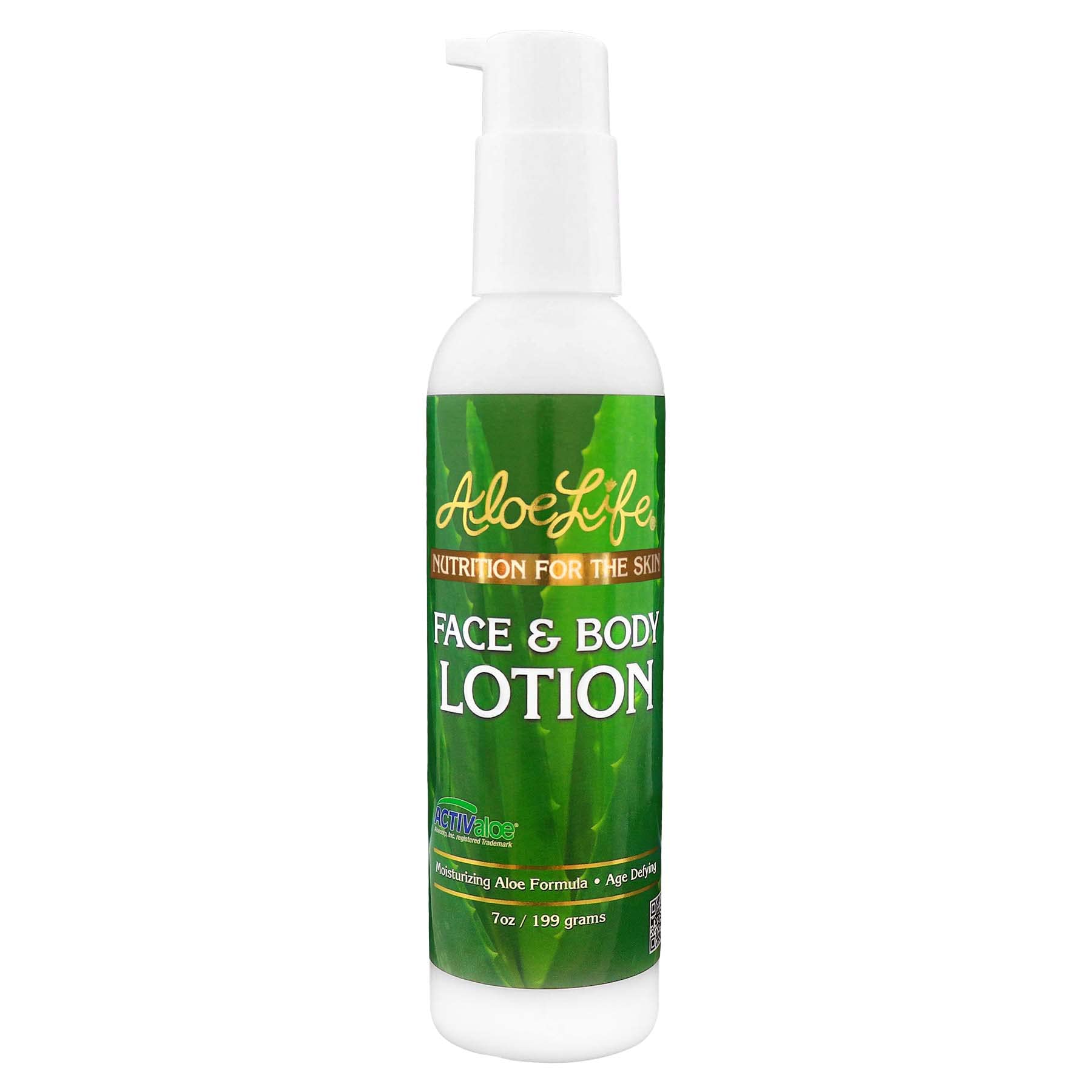 Aloelife Face & Body Lotion bottle with pump showing concentrated hydration for all skin types.
