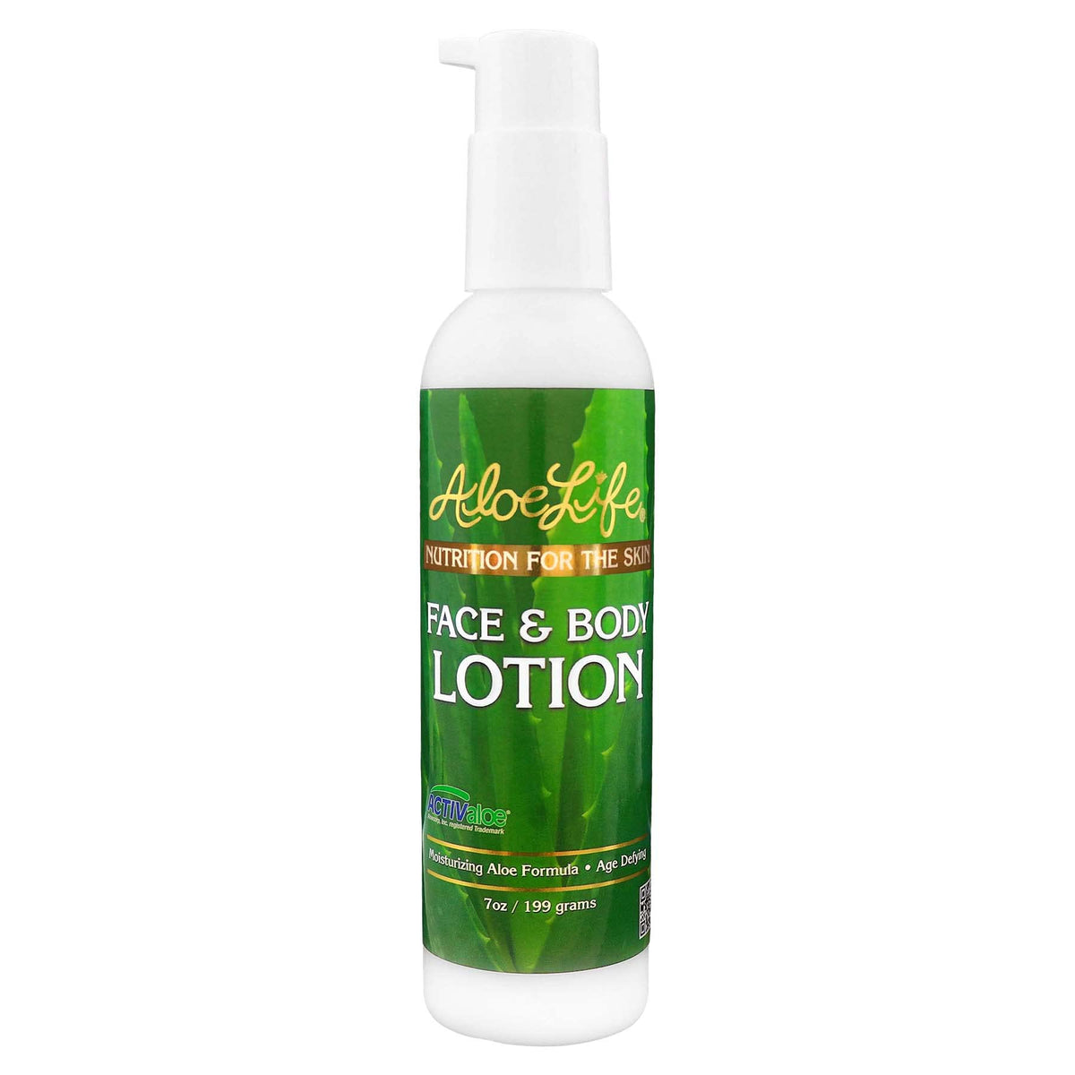 Aloelife Face & Body Lotion bottle with pump showing concentrated hydration for all skin types.