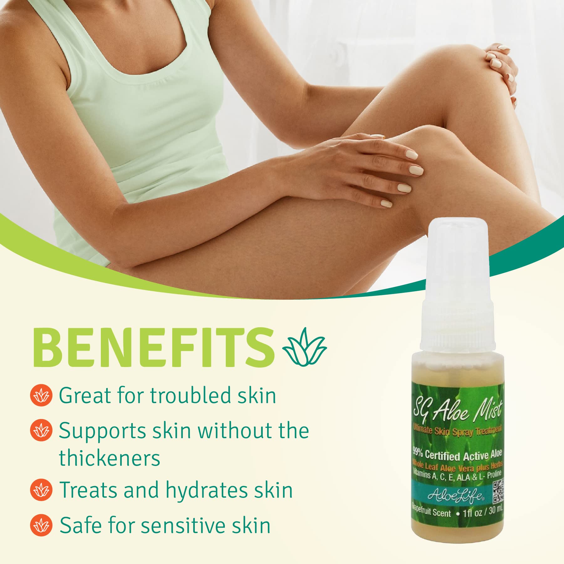 Aloe Life SG Aloe Mist Gel label highlighting vitamins A, C, E.