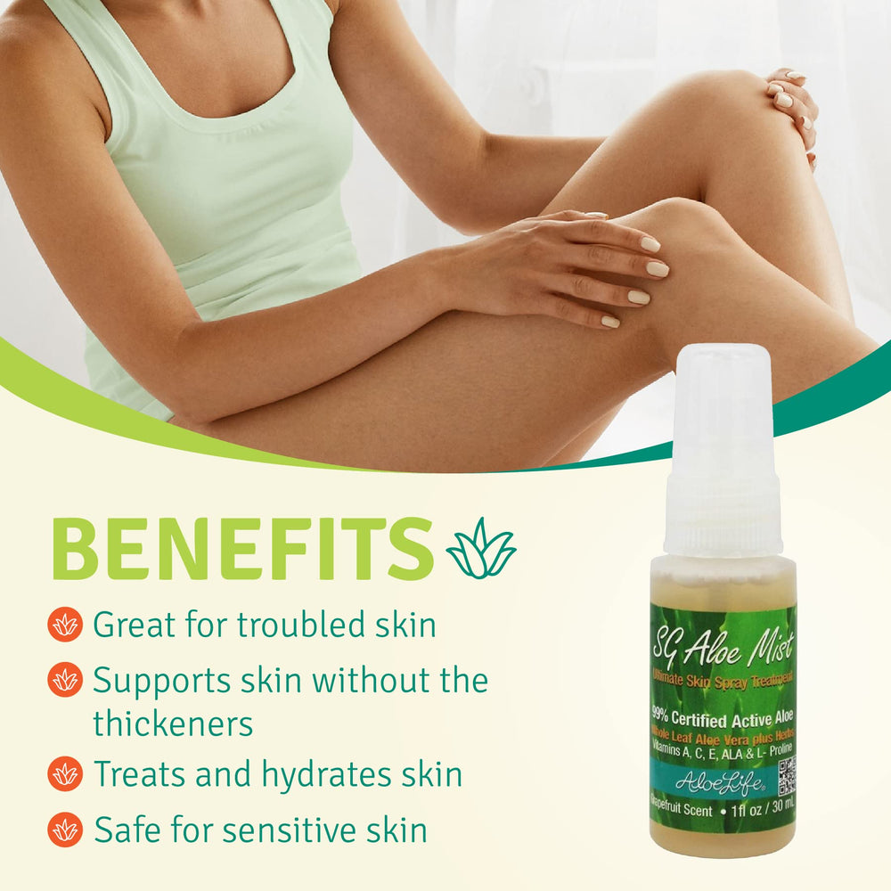 Aloe Life SG Aloe Mist Gel label highlighting vitamins A, C, E.