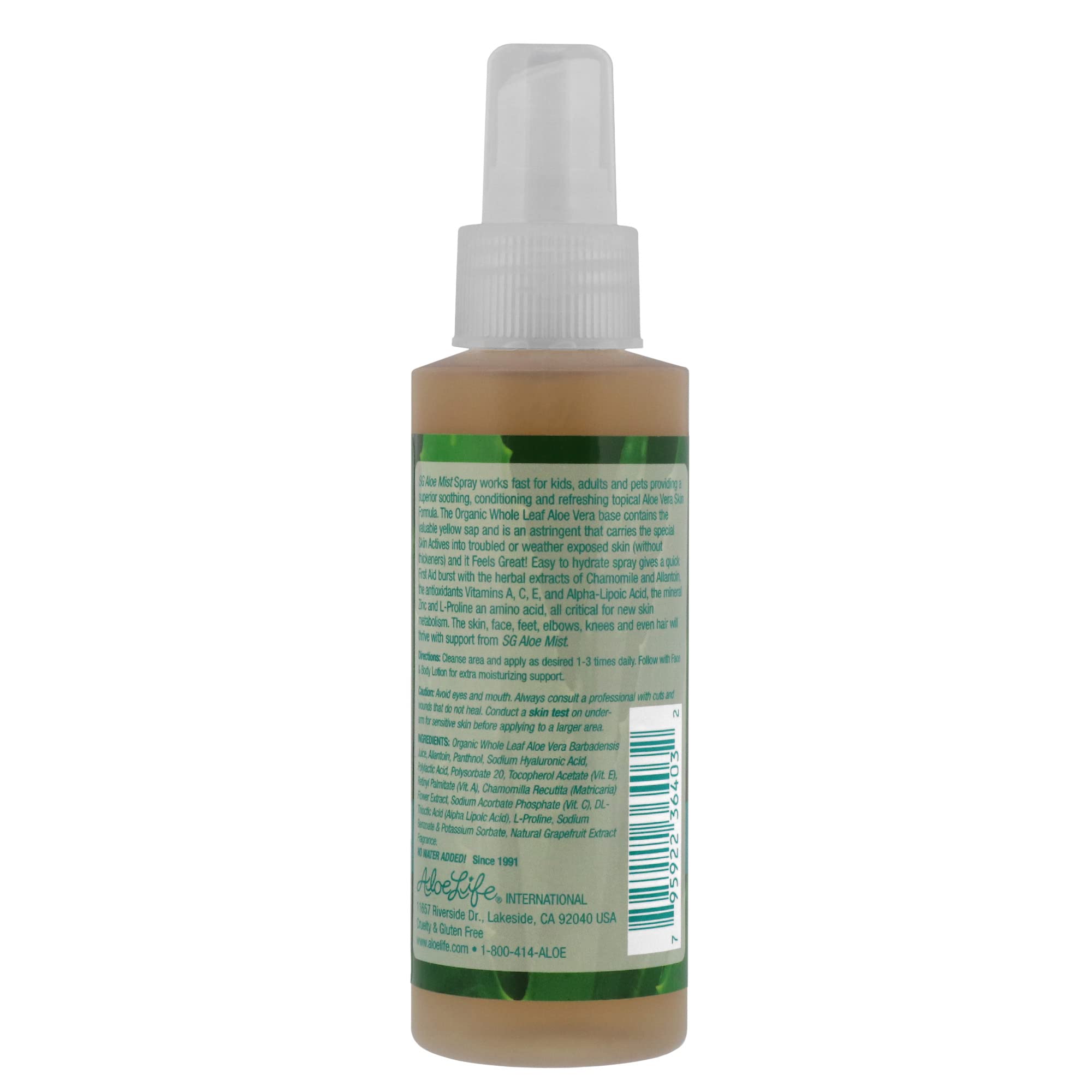 Spray-on Aloe Life SG Aloe Mist Gel applying evenly to skin.