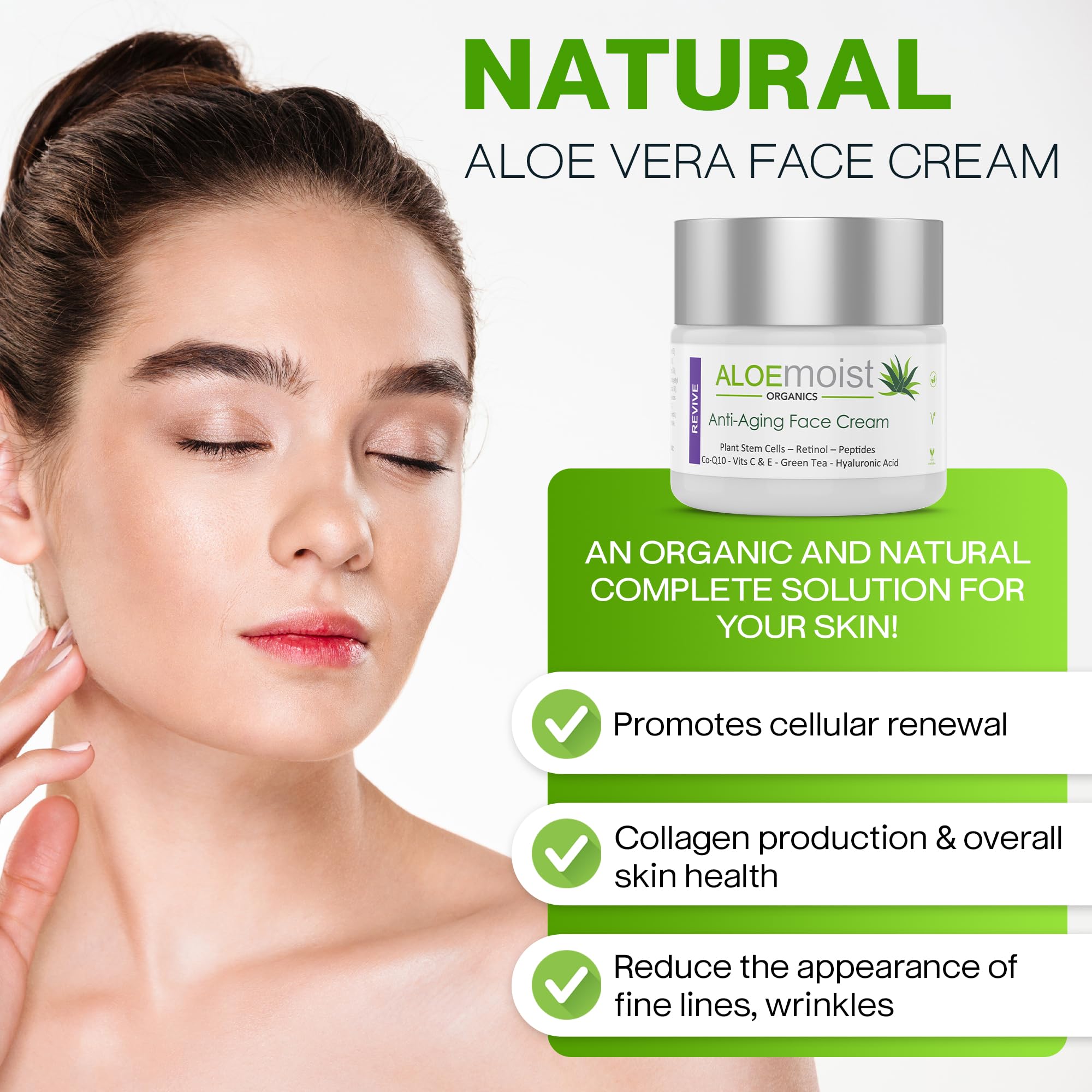 AloeMoist Revive wrinkle-minimizing closeup hints at smoother-looking skin over time.