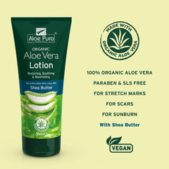 Hands applying Aloe Pura lotion illustrate quick absorption and comfort.