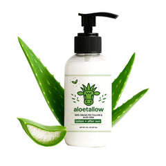 AloeTallow after-sun lotion bottle provides cooling hydration for sun-exposed skin.