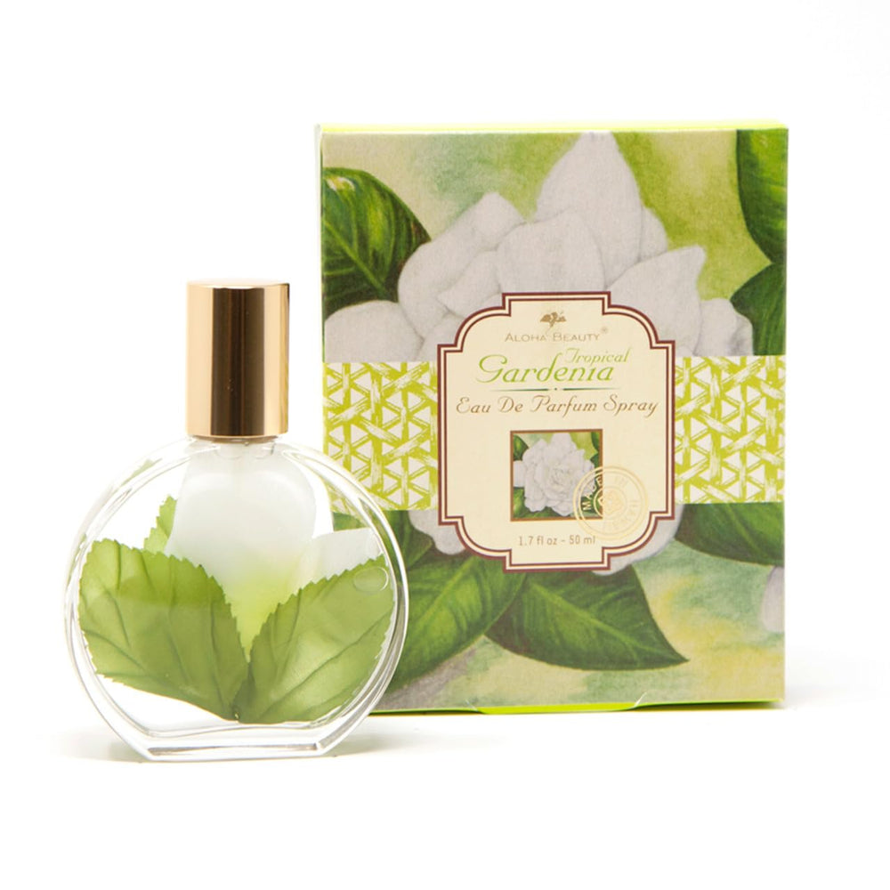 Aloha Beauty Hawaiian Gardenia EDP bottle with silk gardenia inside, ideal for romantic evenings.