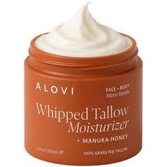 ALOVI Whipped Tallow Moisturizer jar close-up shows creamy hydration for daily use.