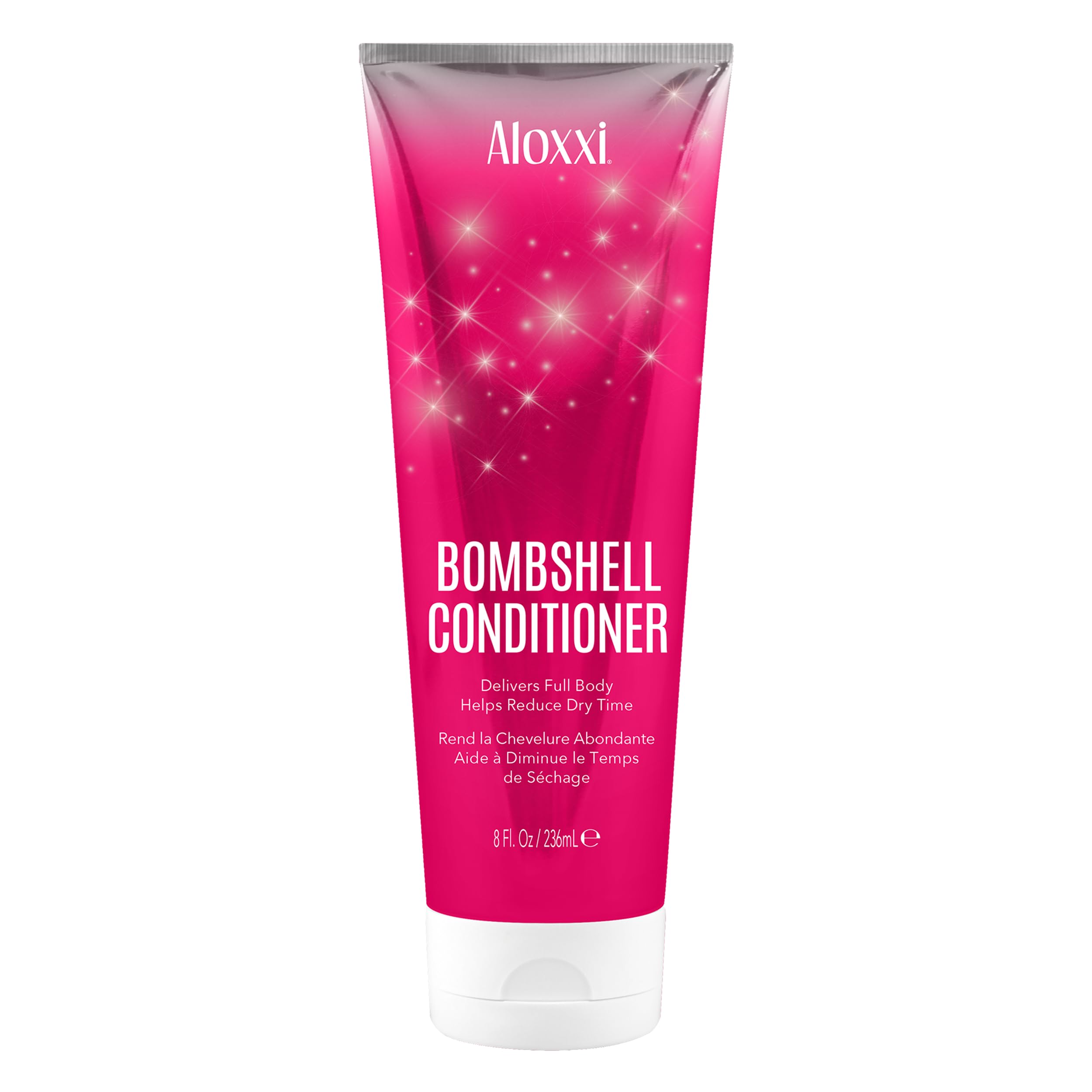 ALOXXI Bombshell conditioner bottle close-up showing glossy shine for radiant hair