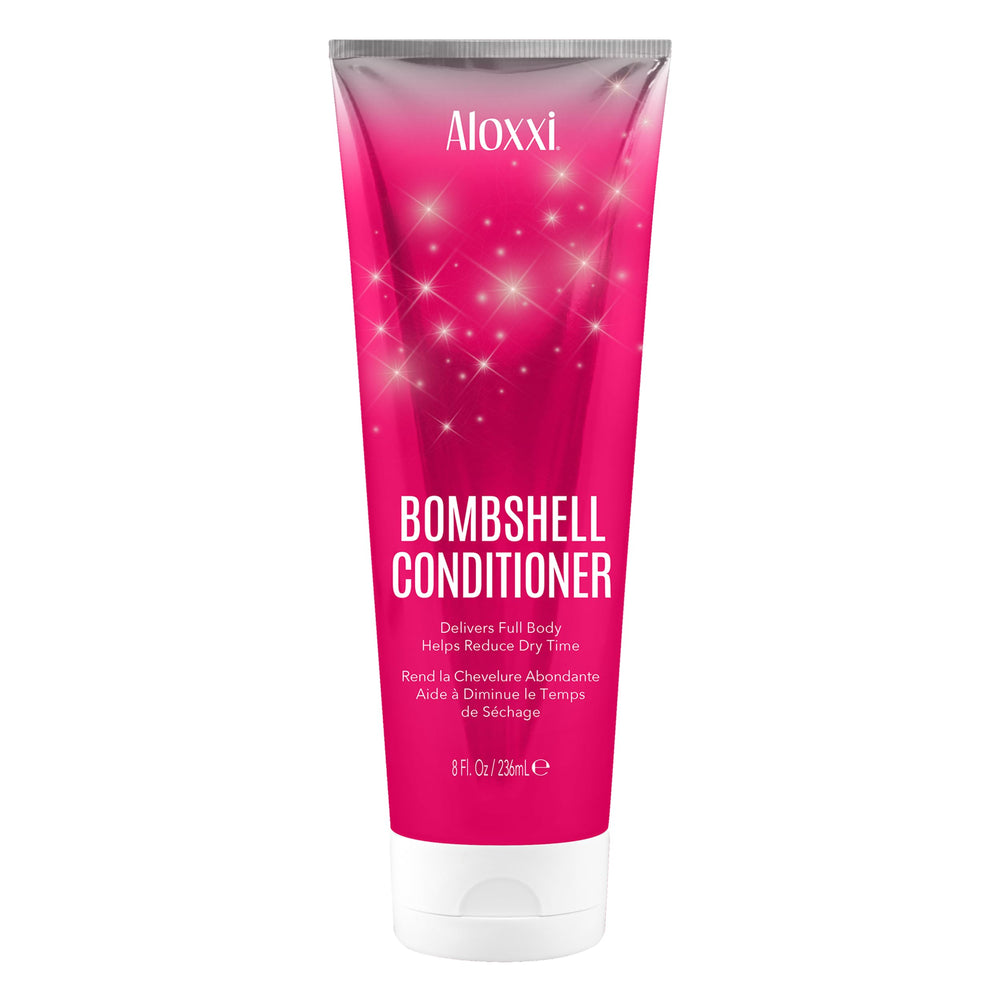 ALOXXI Bombshell conditioner bottle close-up showing glossy shine for radiant hair