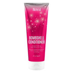 ALOXXI Bombshell conditioner bottle close-up showing glossy shine for radiant hair