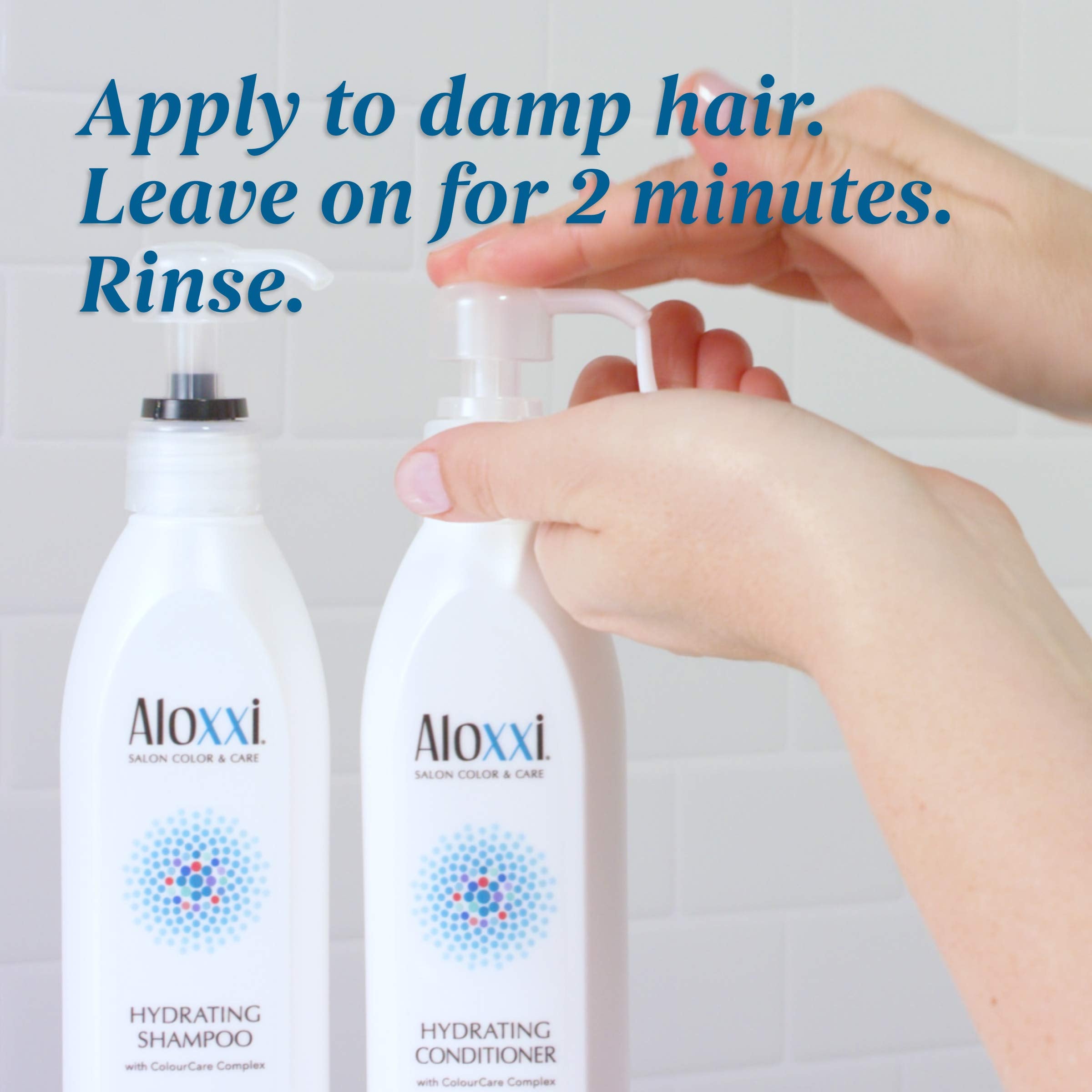 ALOXXI bottle against a blue background implying color protection against environmental stressors.