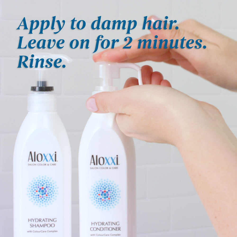 ALOXXI bottle against a blue background implying color protection against environmental stressors.