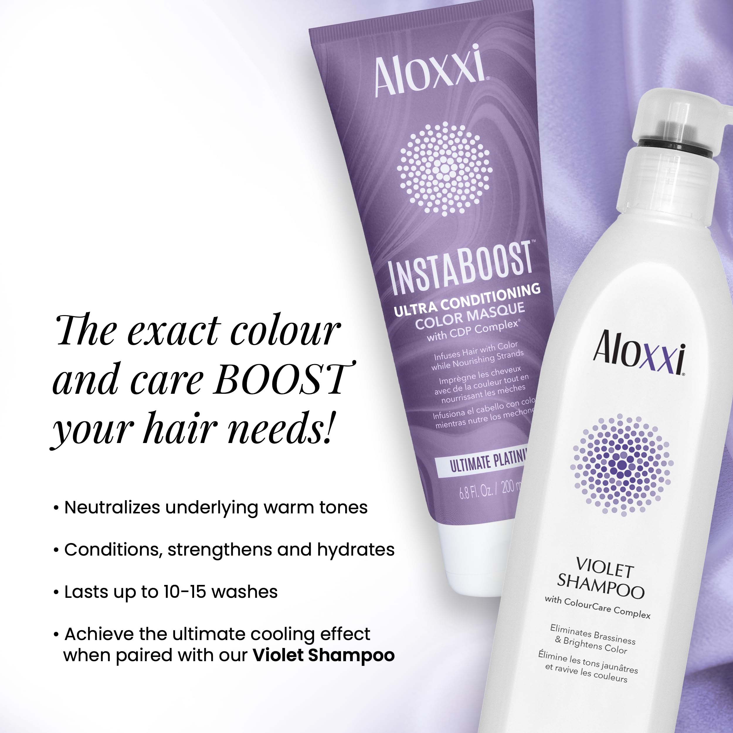 ALOXXI InstaBoost Ultimate Platinum before-after shows brass-free, shiny hair.