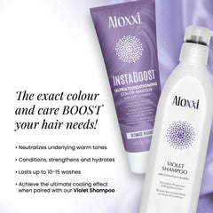 ALOXXI InstaBoost Ultimate Platinum before-after shows brass-free, shiny hair.