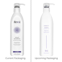 ALOXXI Violet Shampoo bottle back highlighting sulfate-free cleansing