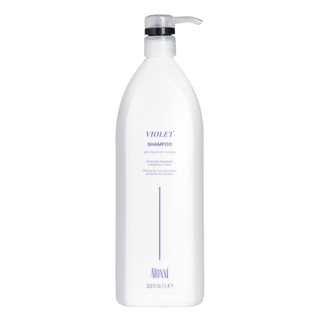 ALOXXI Violet Shampoo bottle front showing color-refreshing formula for blondes
