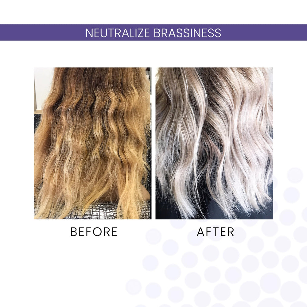 ALOXXI Violet Shampoo swatch on hair counteracting yellow brassiness