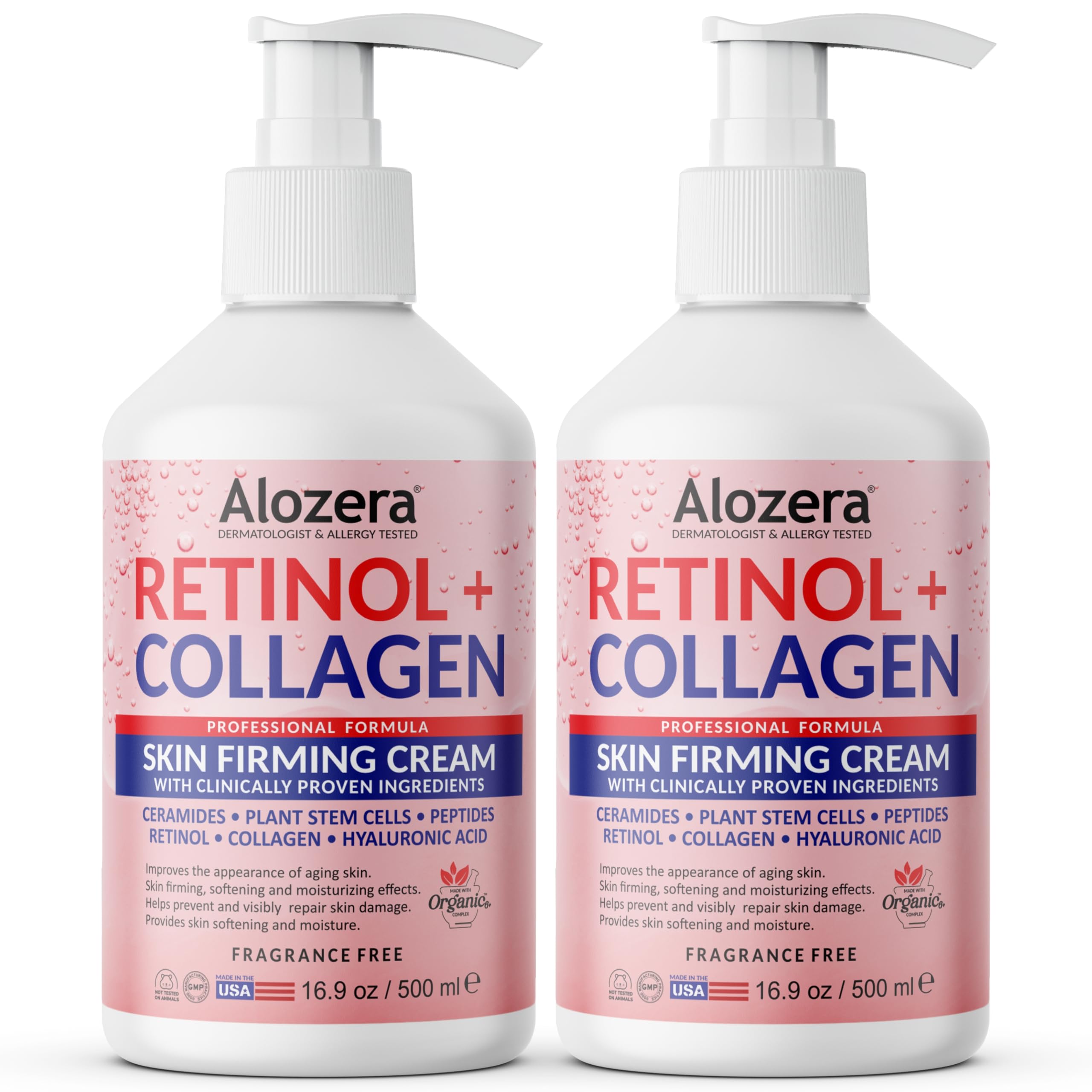 Alozera Skin Firming Retinol bottle pour highlights a non-greasy formula for firmer skin.