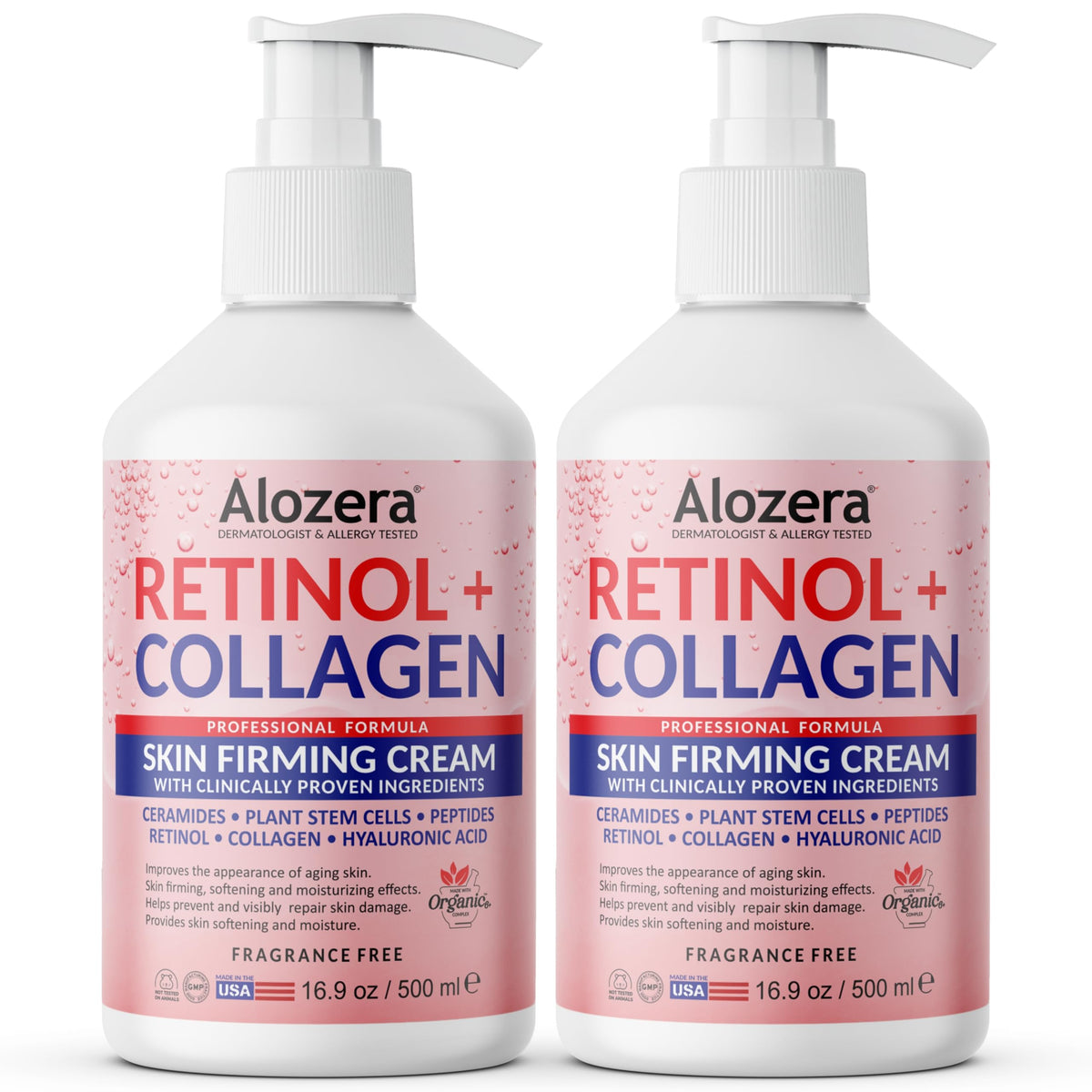 Alozera Skin Firming Retinol bottle pour highlights a non-greasy formula for firmer skin.
