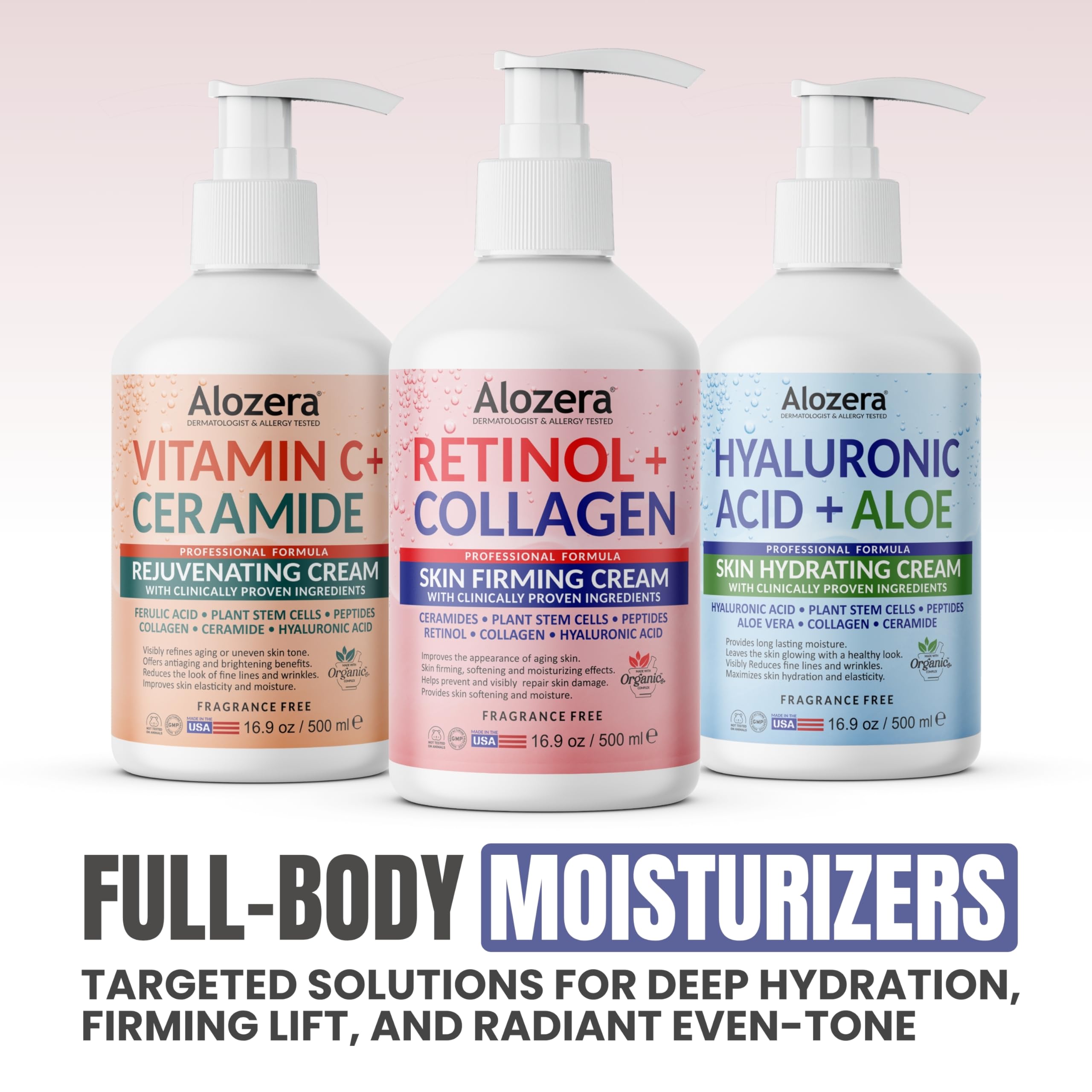 Alozera USA-made organic ingredients logo highlights plant-powered anti-aging care.