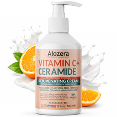 Alozera Vitamin C Body Lotion bottle shows fragrance-free hydration for sensitive skin.