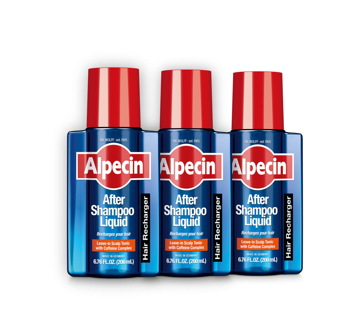 Alpecin After Shampoo caffeine liquid bottle close-up for men promotes fuller-looking hair