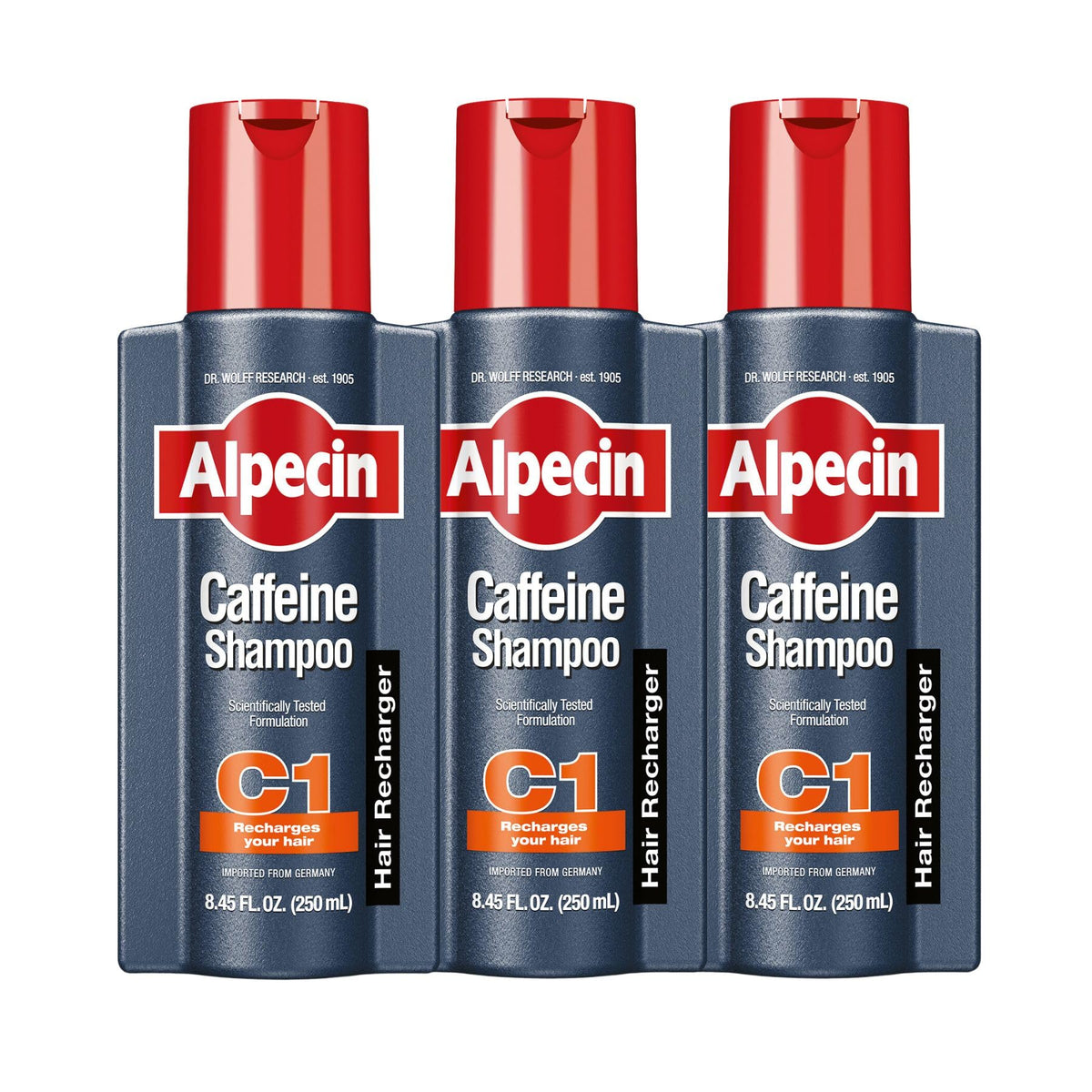 Alpecin C1 caffeine shampoo bottle on display promotes natural hair growth.