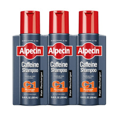Alpecin C1 caffeine shampoo bottle on display promotes natural hair growth.