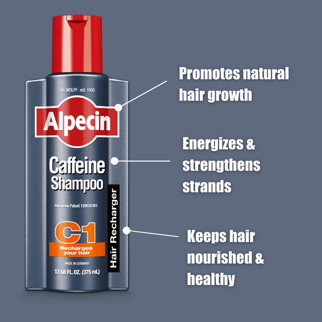 Alpecin C1 caffeine shampoo lab scene highlighting German engineering