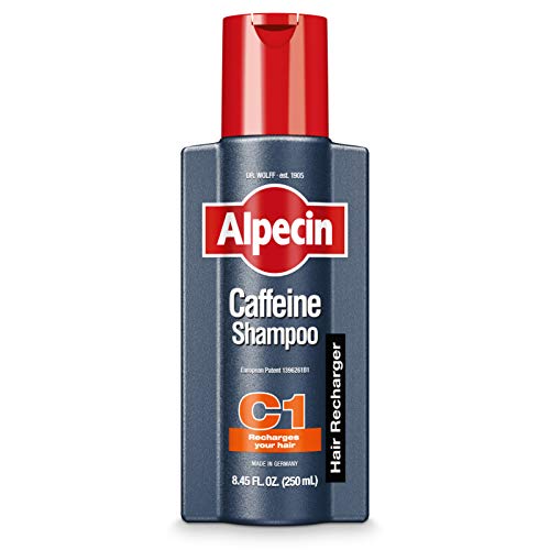 Alpecin C1 label close-up shows caffeine and niacin for fuller-looking hair.