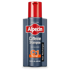 Alpecin C1 label close-up shows caffeine and niacin for fuller-looking hair.
