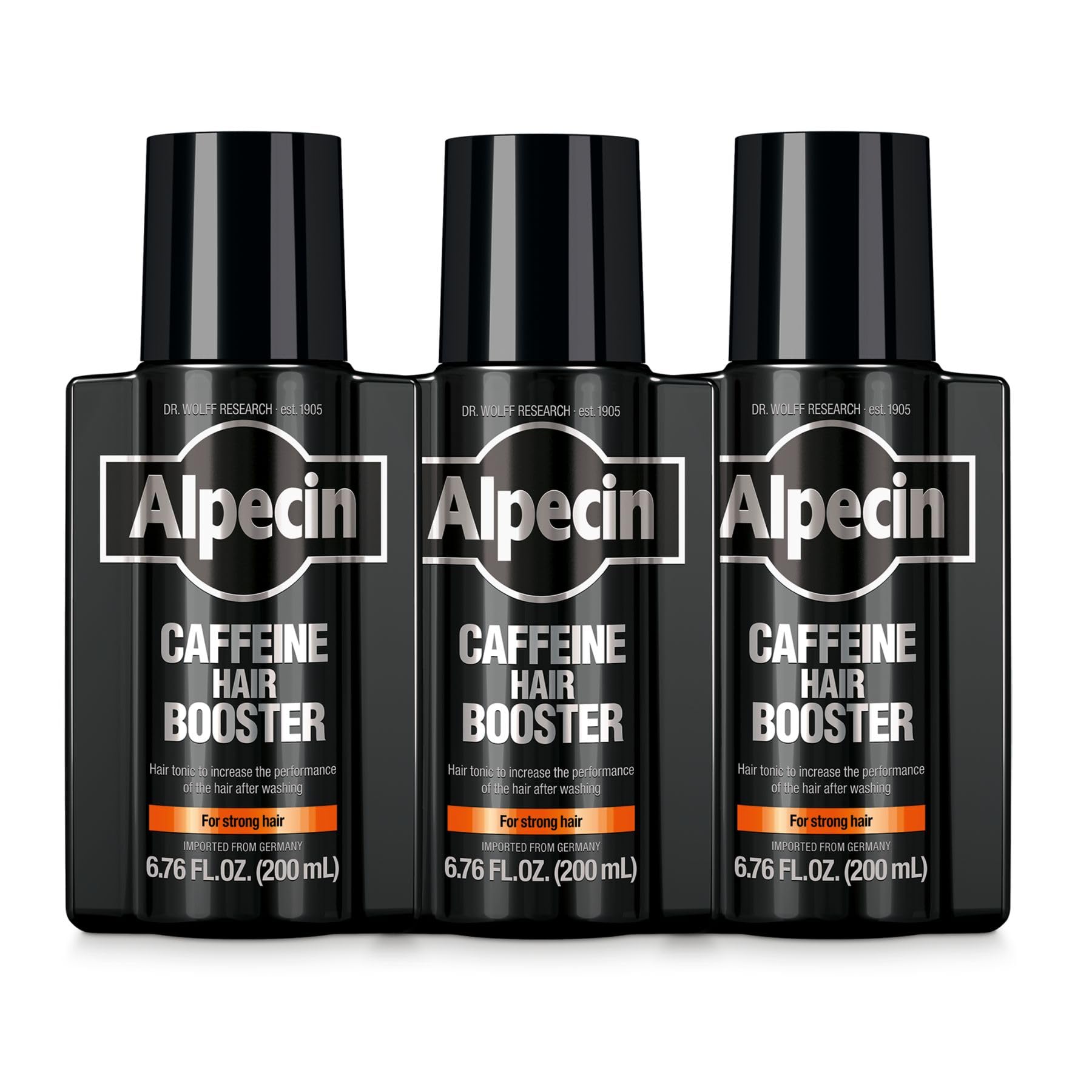 Alpecin caffeine hair booster bottle pour demonstrates energizing scalp care.