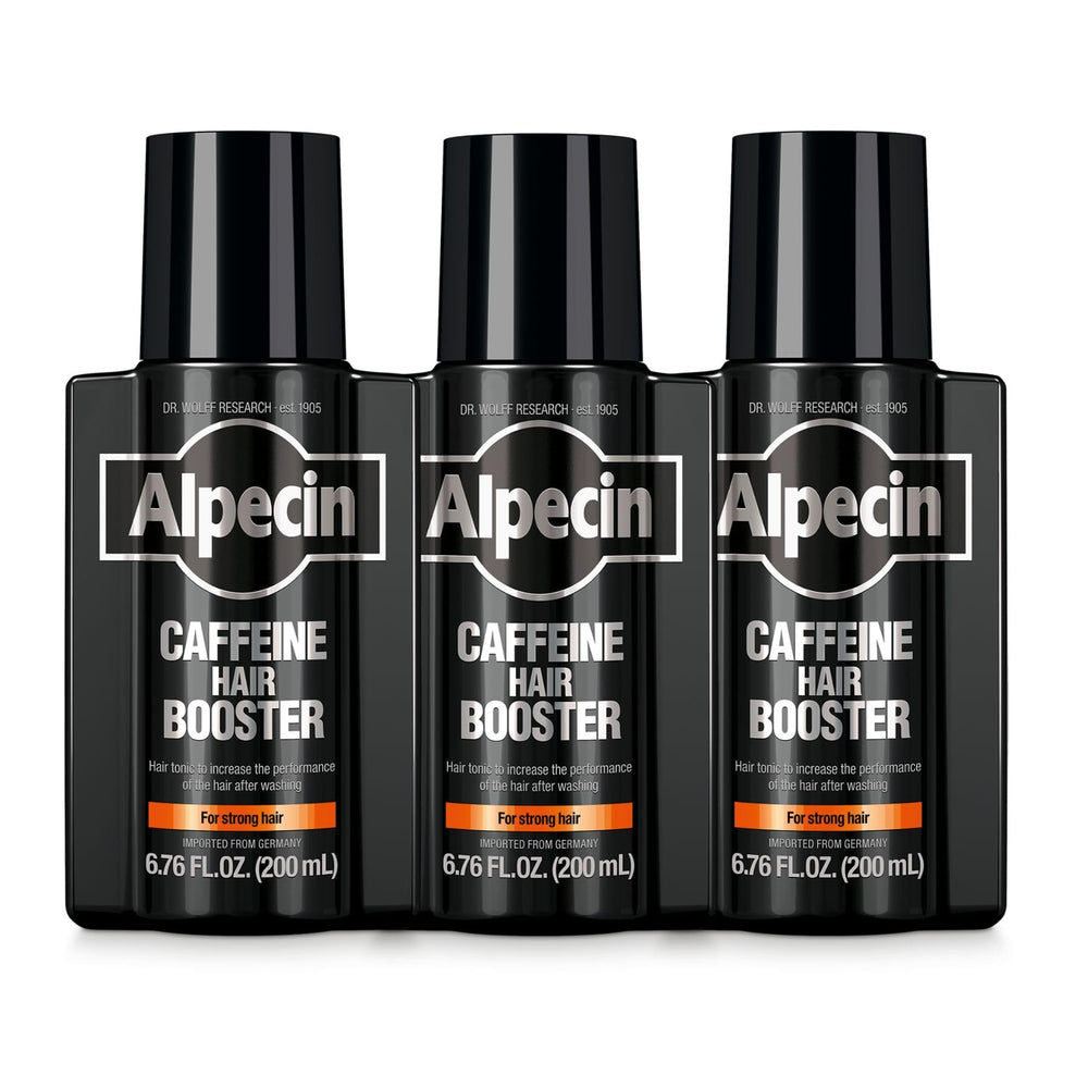 Alpecin caffeine hair booster bottle pour demonstrates energizing scalp care.