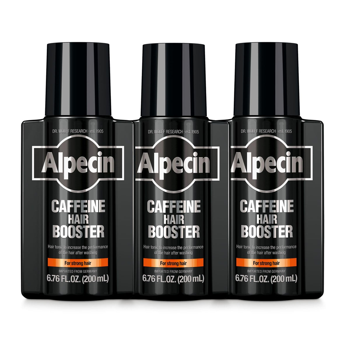 Alpecin caffeine hair booster bottle pour demonstrates energizing scalp care.