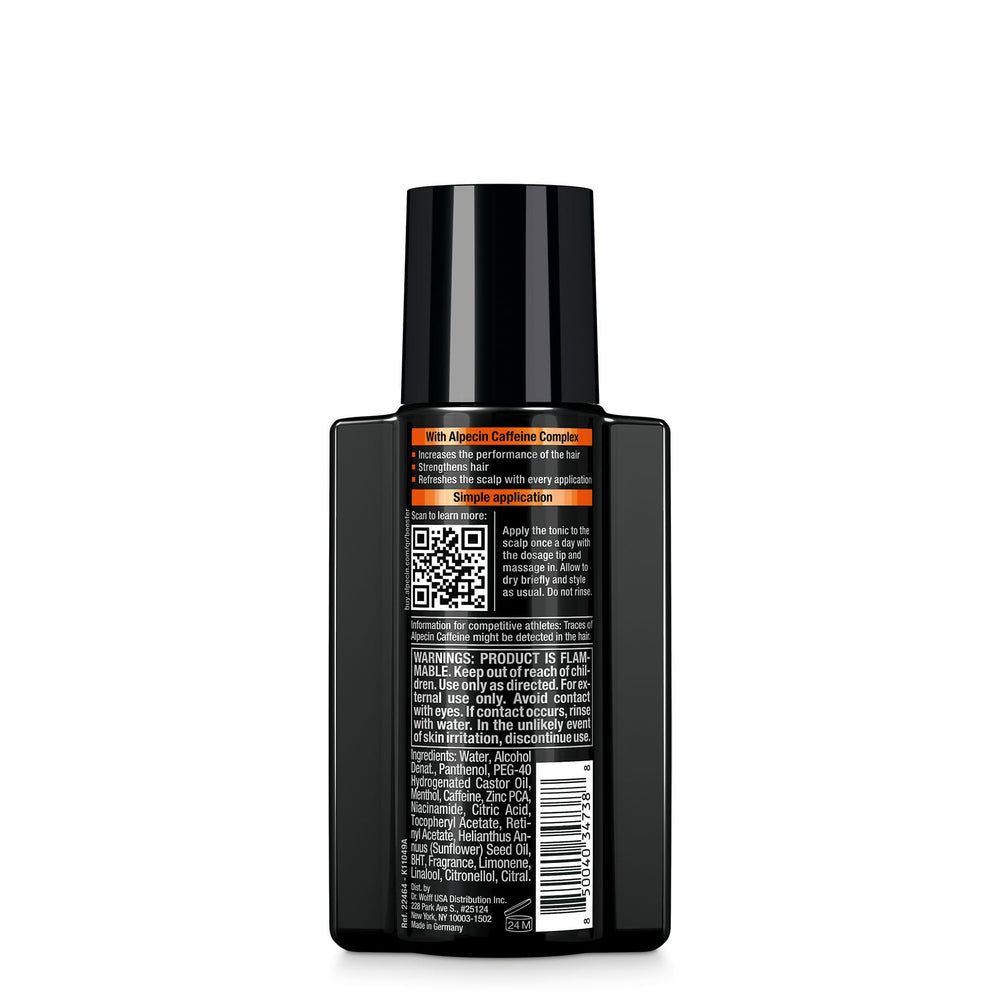Alpecin Caffeine Hair Booster leave-in tonic application on scalp for fuller-looking hair.