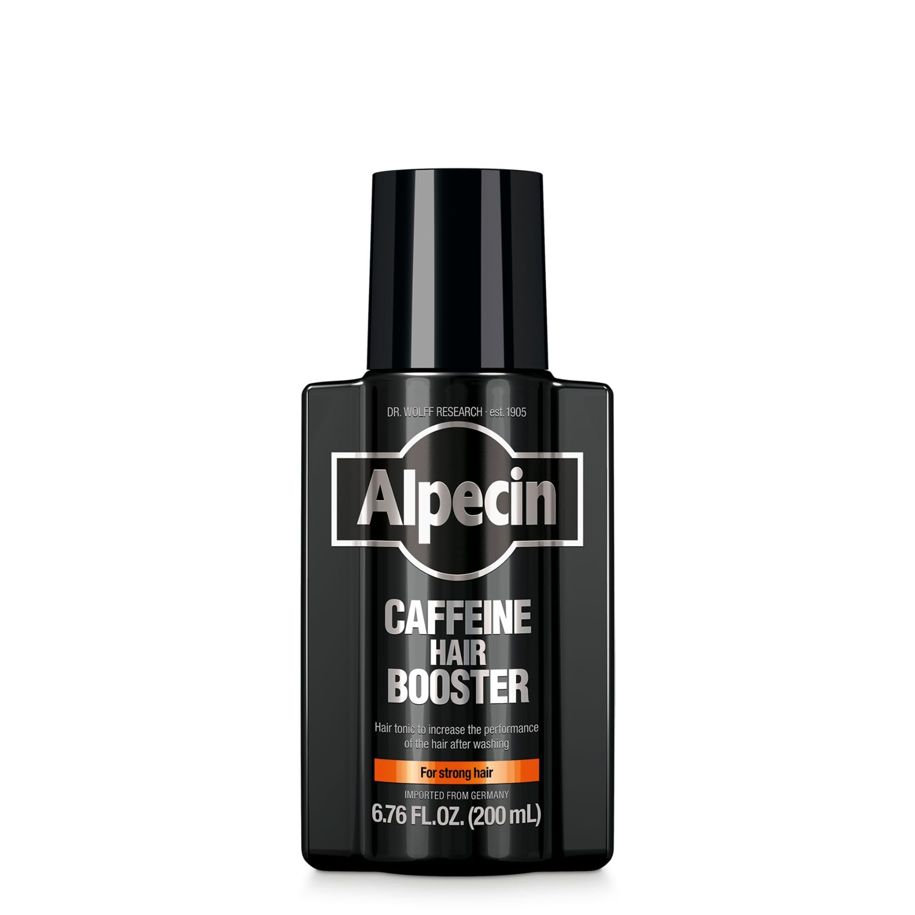 Alpecin Caffeine Hair Booster bottle pour with new fragrance for refreshing scalp routine.