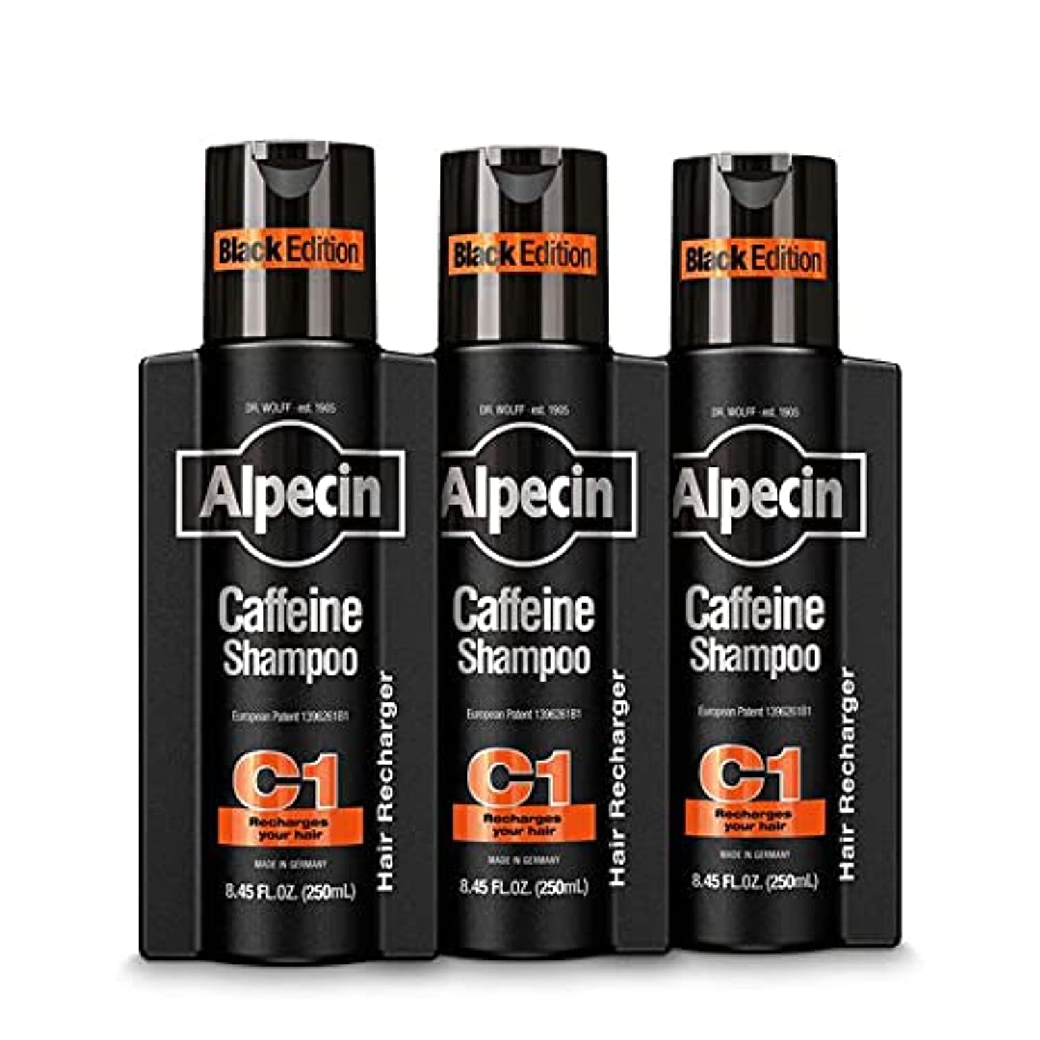 Alpecin Caffeine Shampoo C1 Black Edition 3-pack bottle on shelf, energizing scalp