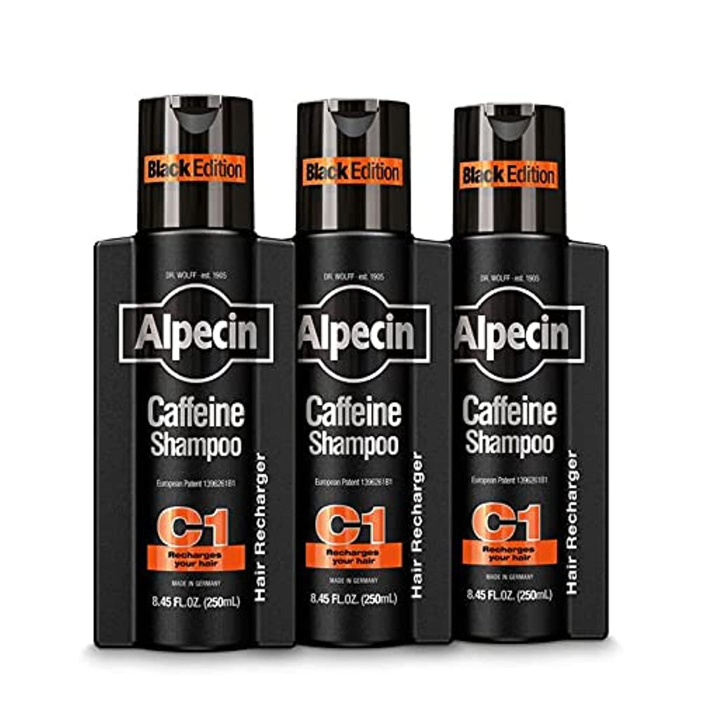 Alpecin Caffeine Shampoo C1 Black Edition 3-pack bottle on shelf, energizing scalp