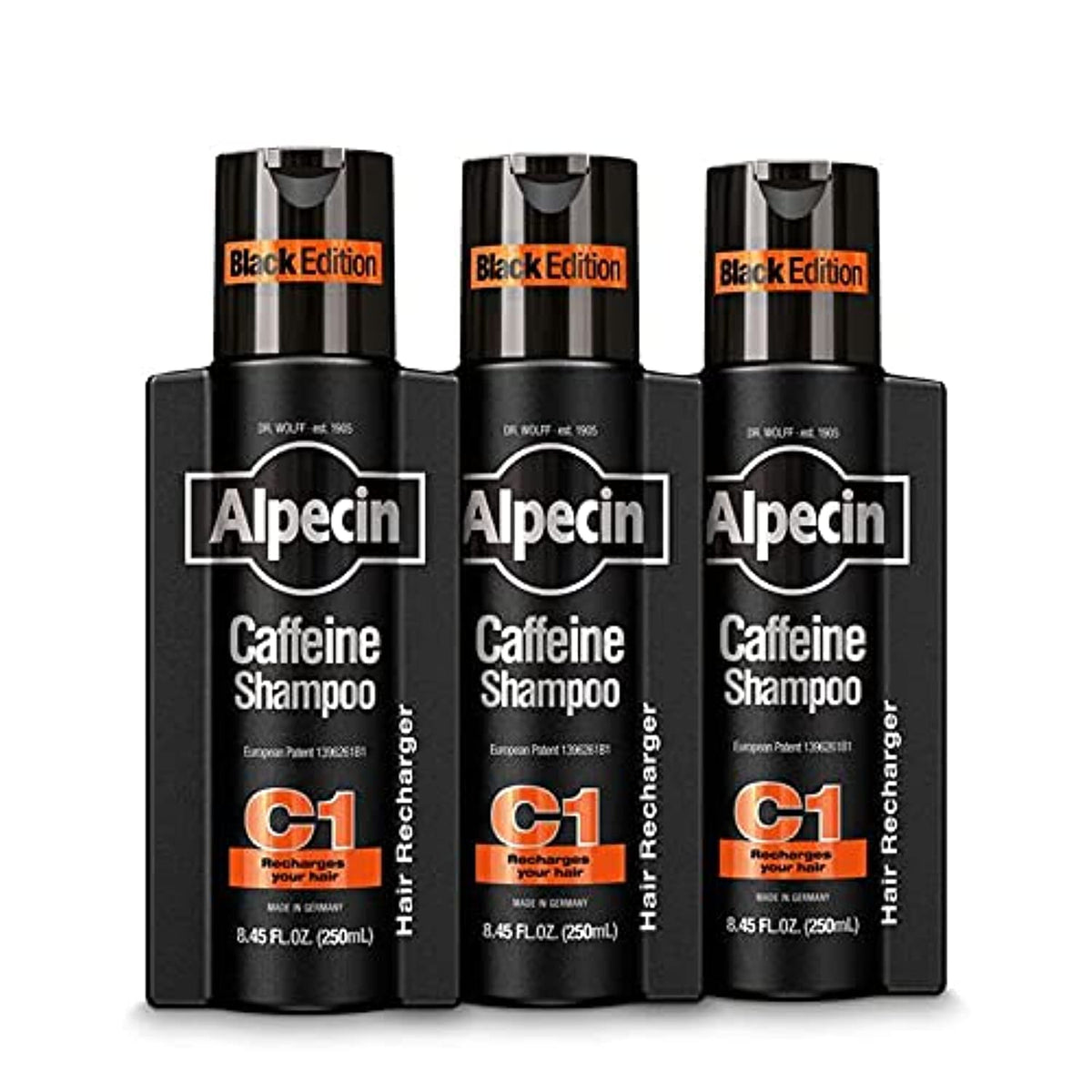Alpecin Caffeine Shampoo C1 Black Edition 3-pack bottle on shelf, energizing scalp