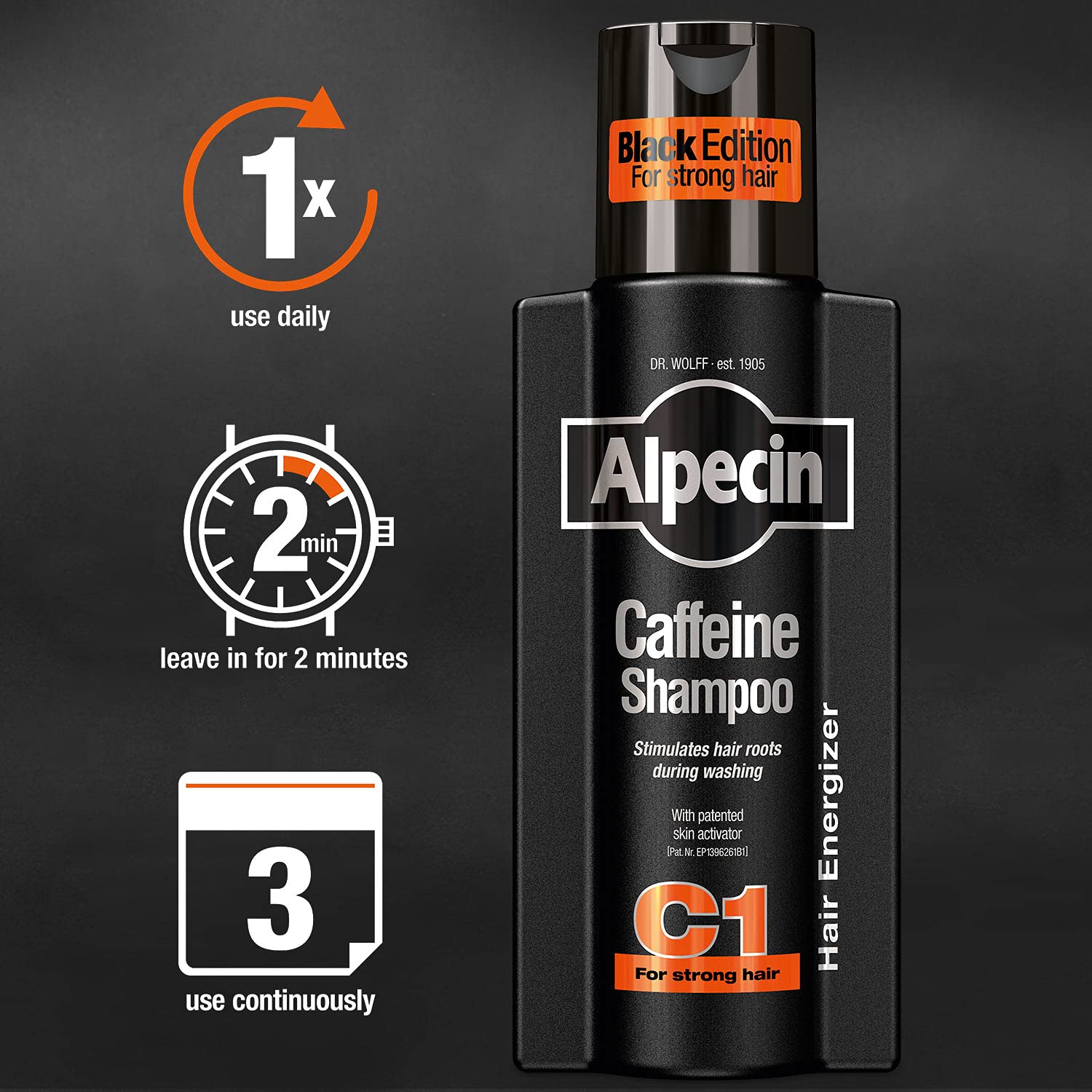 alpecin c1 black edition hair close-up shows fuller-looking strands and shine.