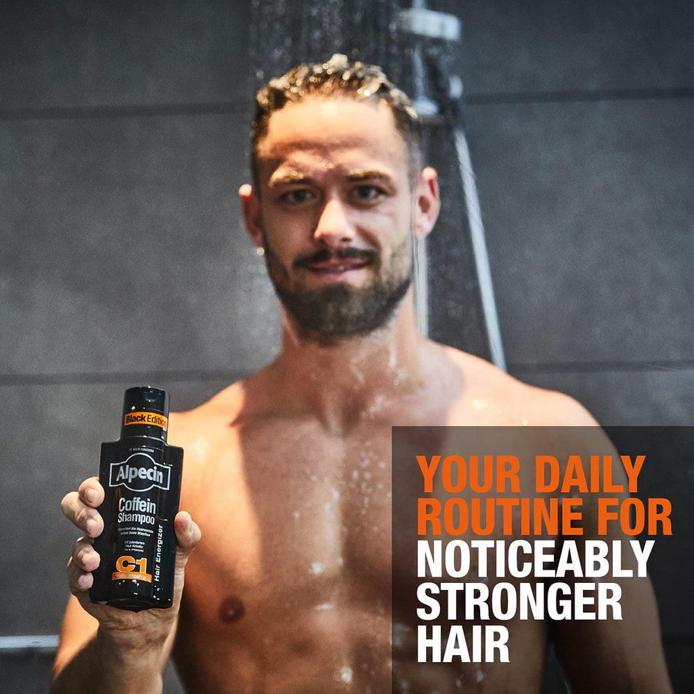 alpecin c1 black edition lather on scalp signaling invigorating sensation and circulation.