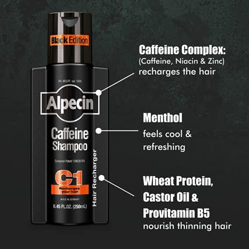 Alpecin Caffeine Shampoo bottle pump close-up highlighting caffeine and zinc for hair