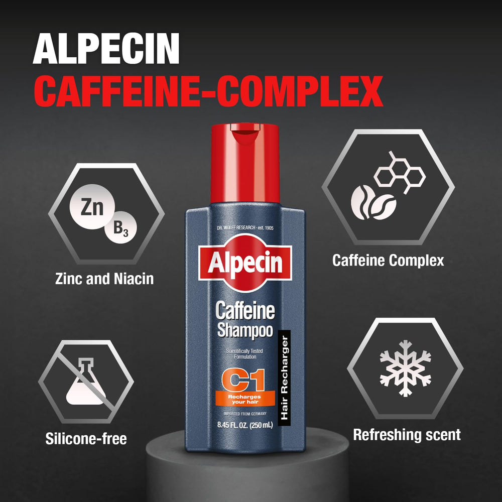 Alpecin bottle indicates energizing strands with caffeine and castor oil.