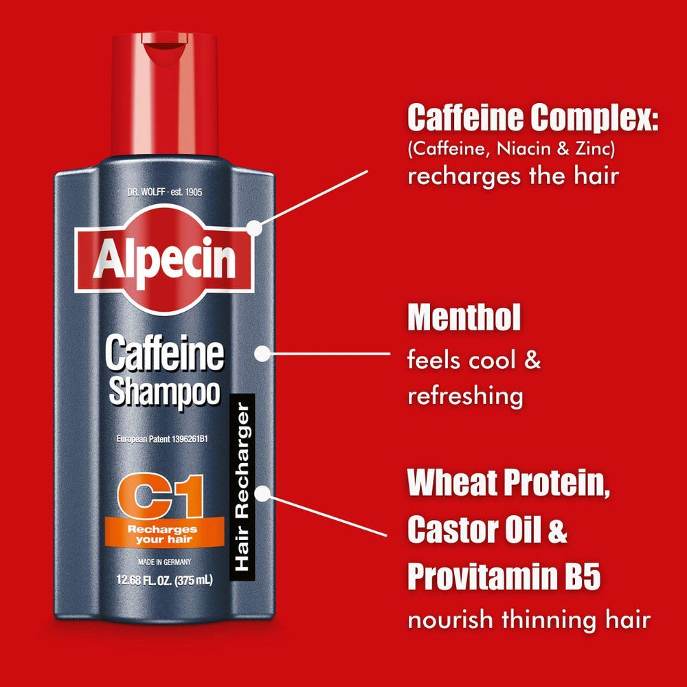 Alpecin Caffeine Shampoo ingredients zinc and niacin highlighted near packaging.