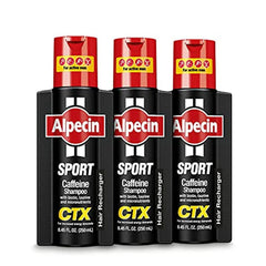 Alpecin CTX Sport shampoo bottle promoting an energized scalp and fuller look.