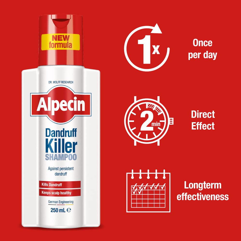 Alpecin Dandruff Killer shampoo placed on bathroom shelf for easy access