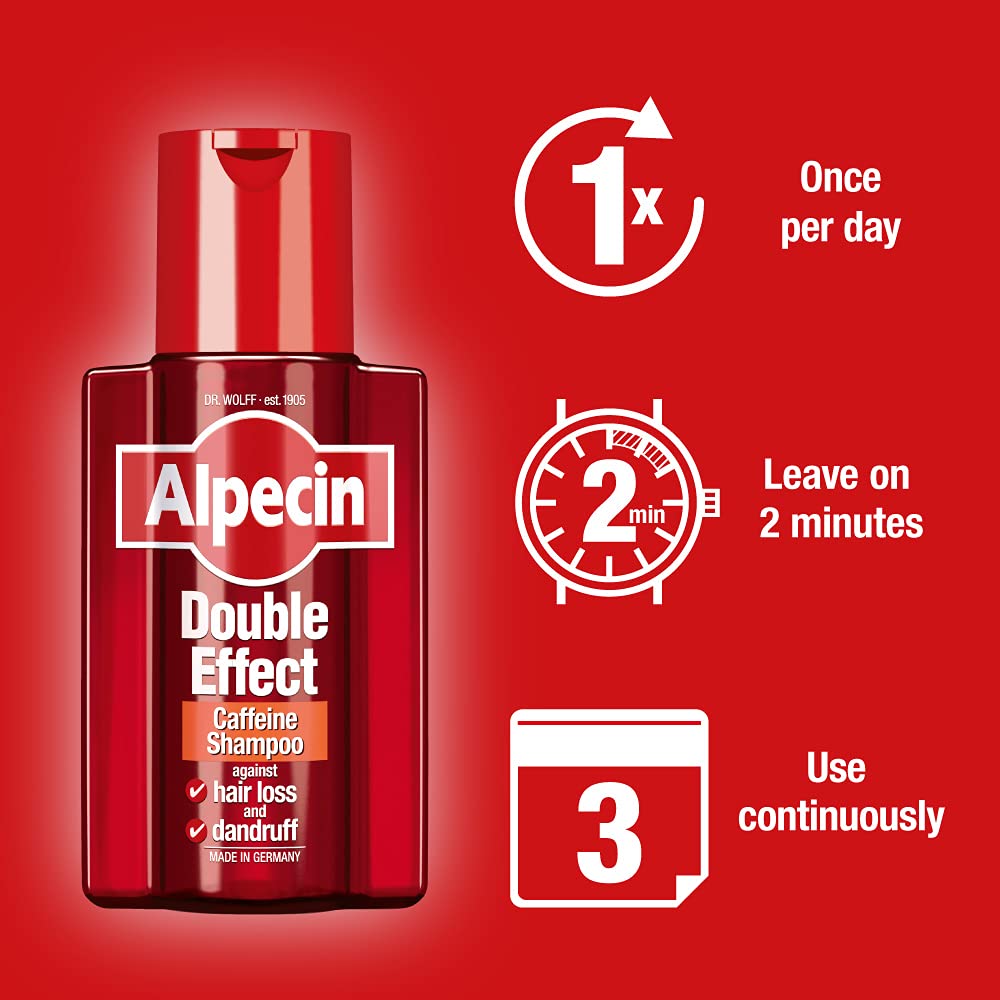 Alpecin Double Effect Shampoo visual: hair strands with improved sheen.