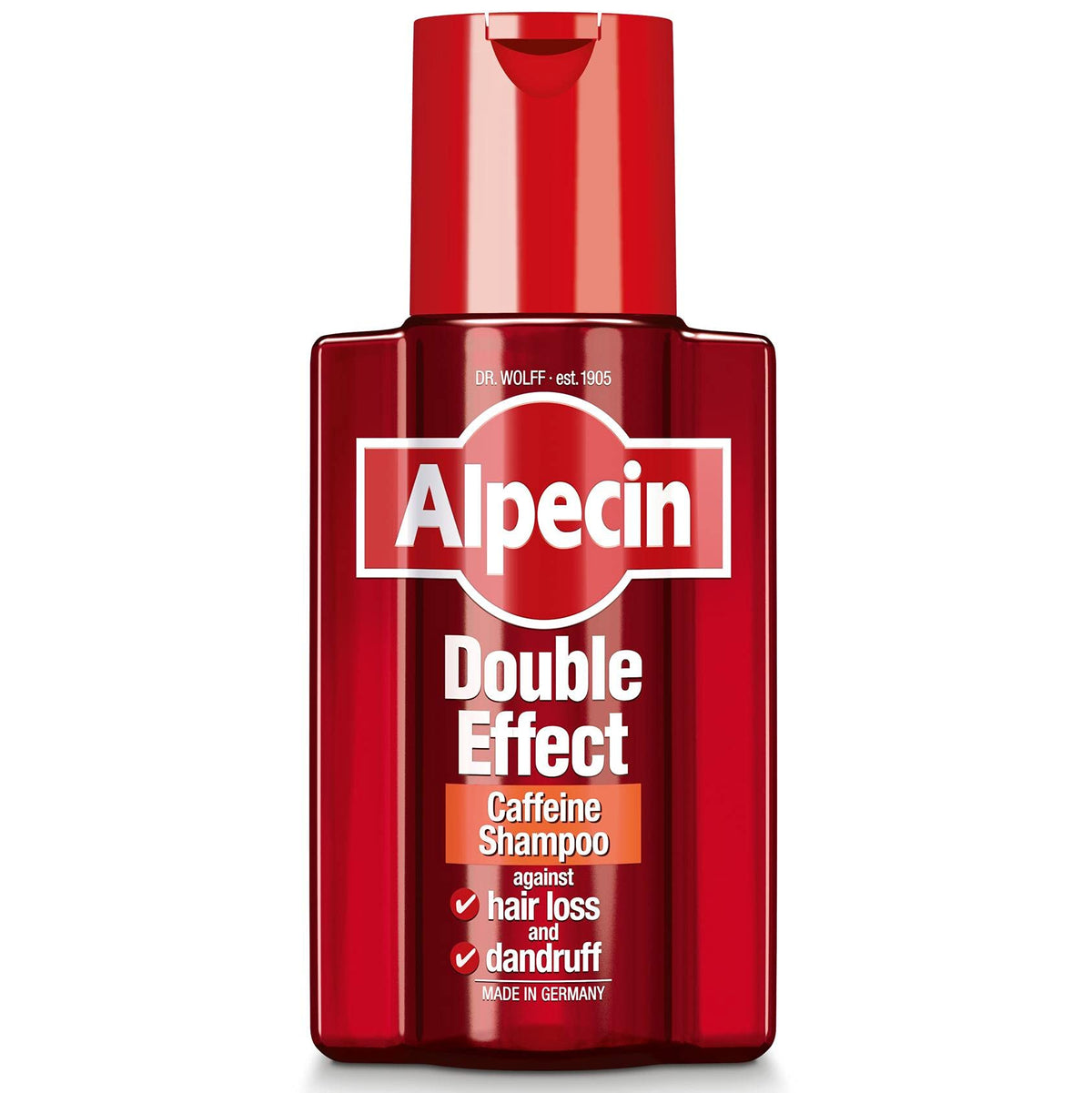 Alpecin Double Effect Shampoo visual: dandruff flakes loosened for a cleaner scalp.