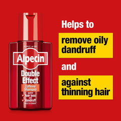 Alpecin Double Effect Shampoo visual: caffeine complex reaching roots for potential support.